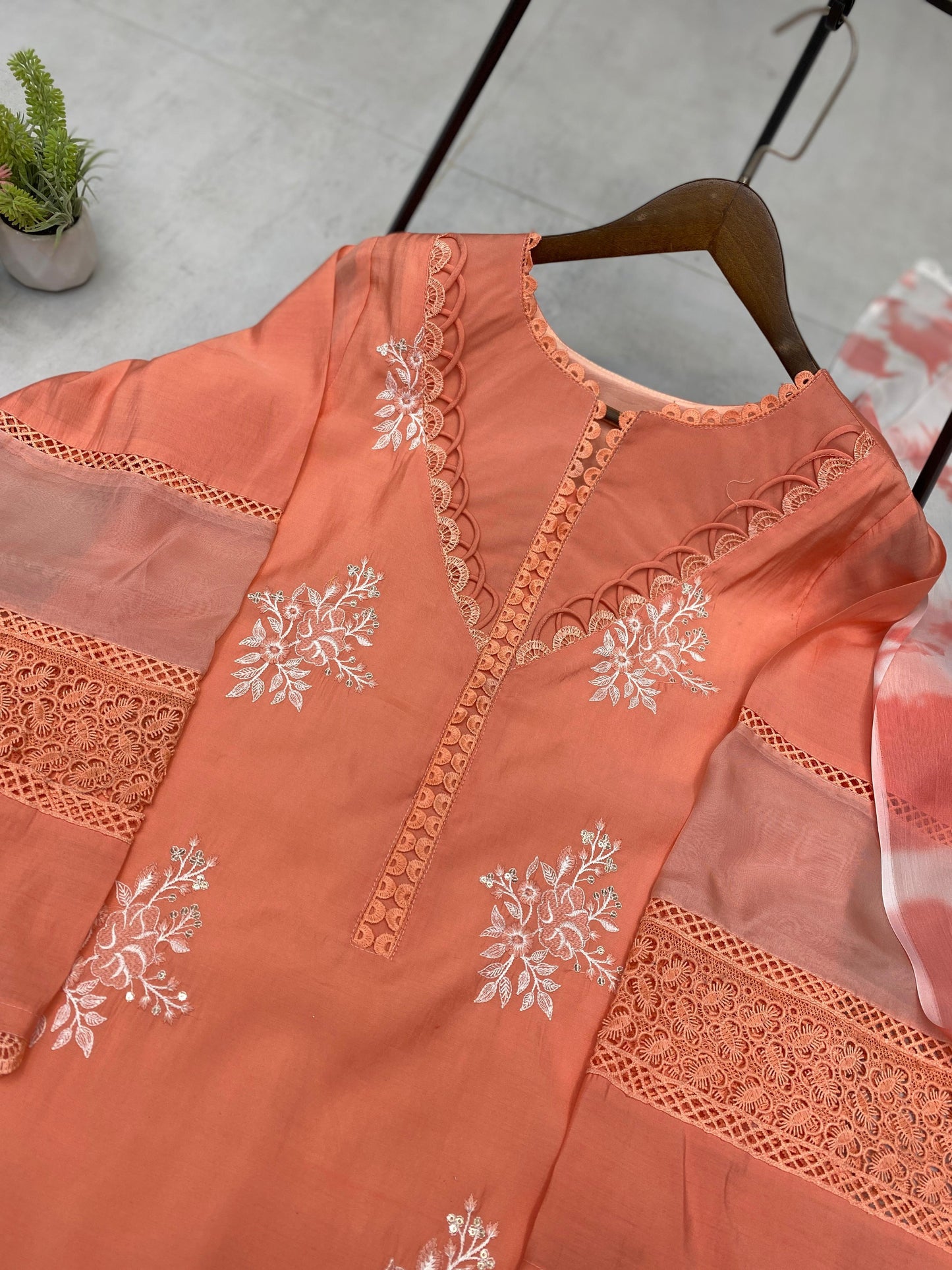 Trendy Peach Color Embroidery Work Straight Salwar Suit