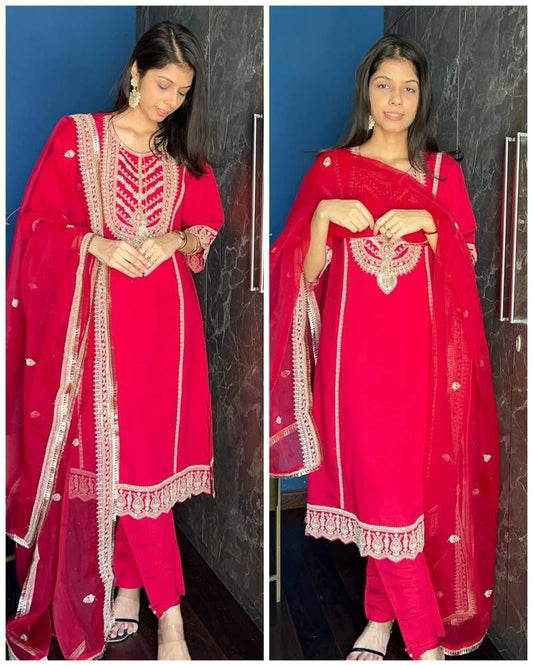 Graceful Chinoon Embroidery Work Red Color Salwar Suit