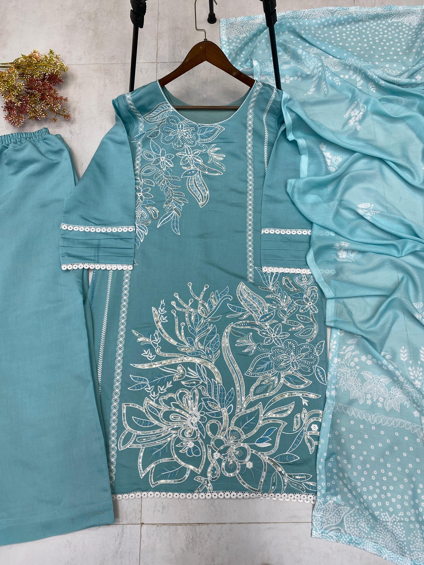 Alluring Sky Blue Roman Silk Sequence Work Palazzo Suit