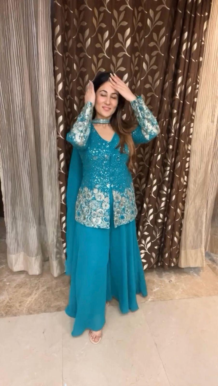 Stunning Georgette Sky Blue Color Sharara Suit