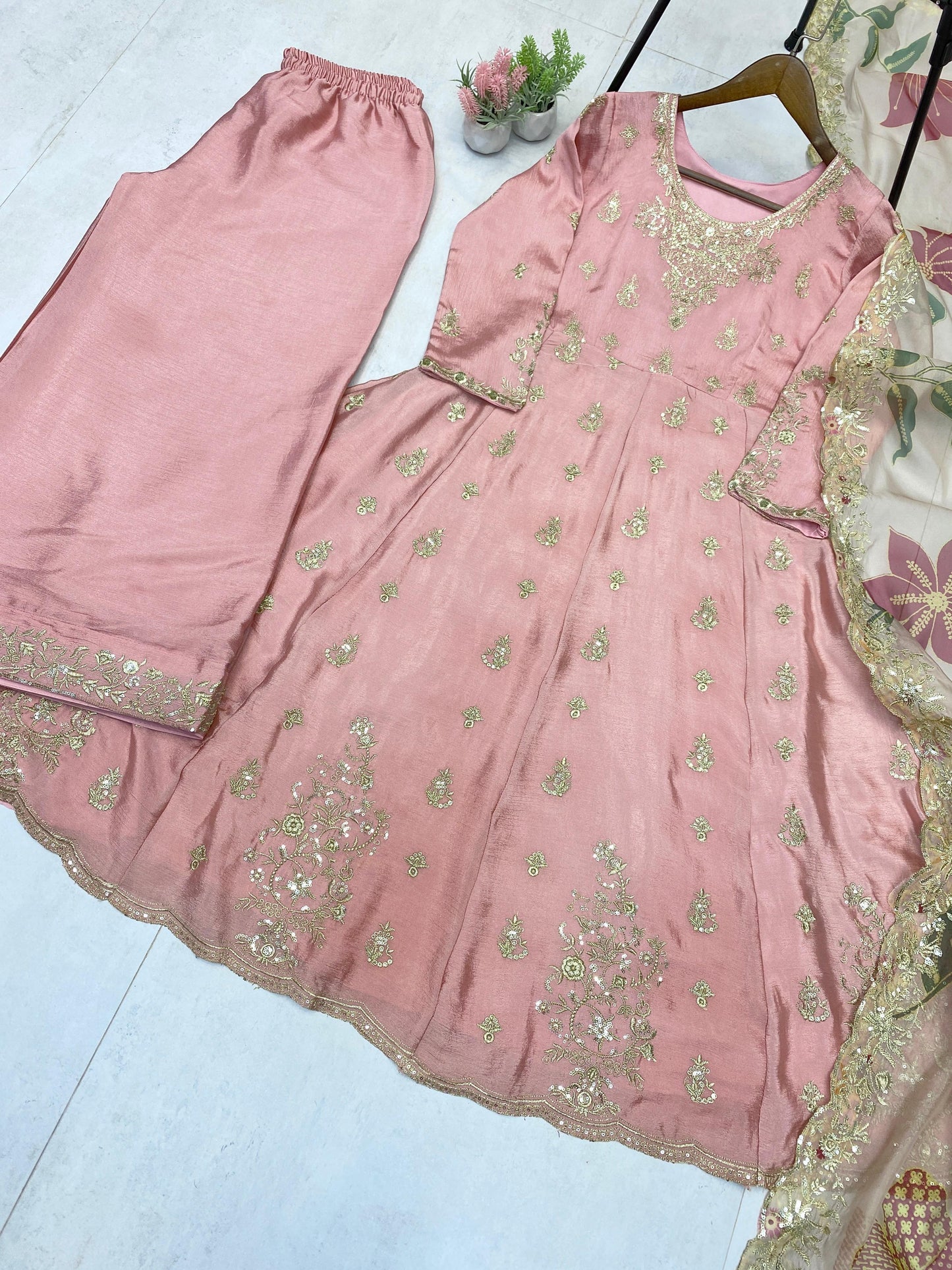 Trendy Pink Chinon Sequence Work Gown With Palazzo