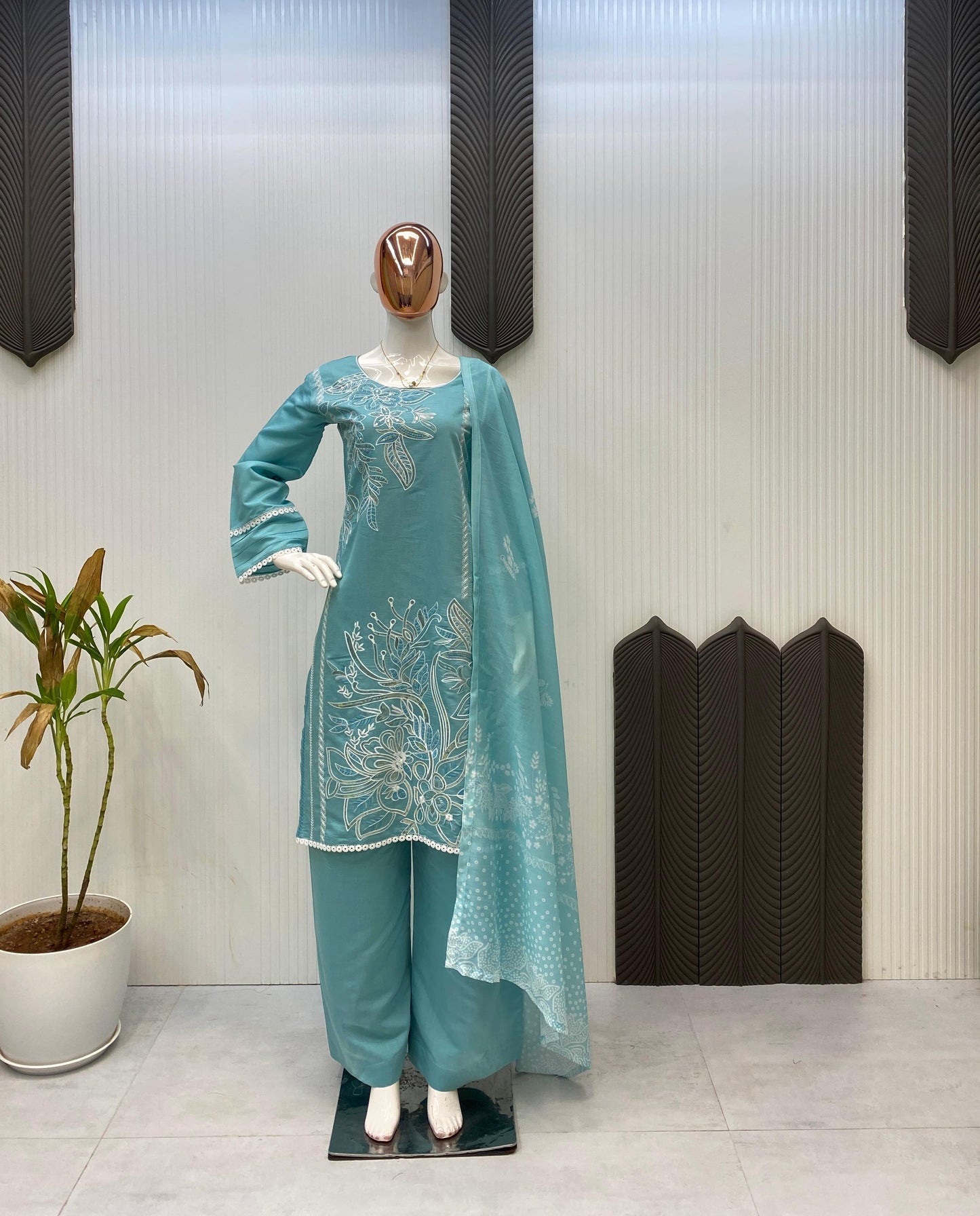 Alluring Sky Blue Roman Silk Sequence Work Palazzo Suit
