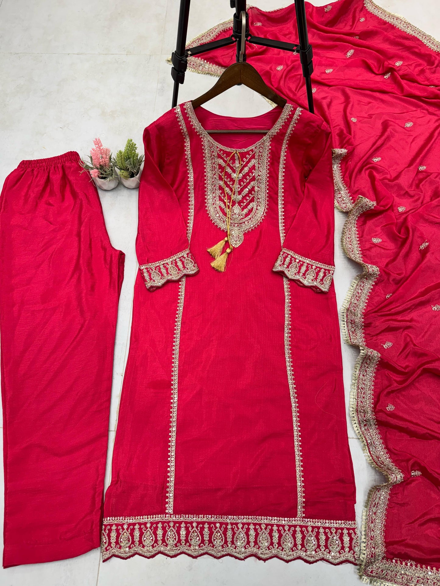 Graceful Chinoon Embroidery Work Red Color Salwar Suit