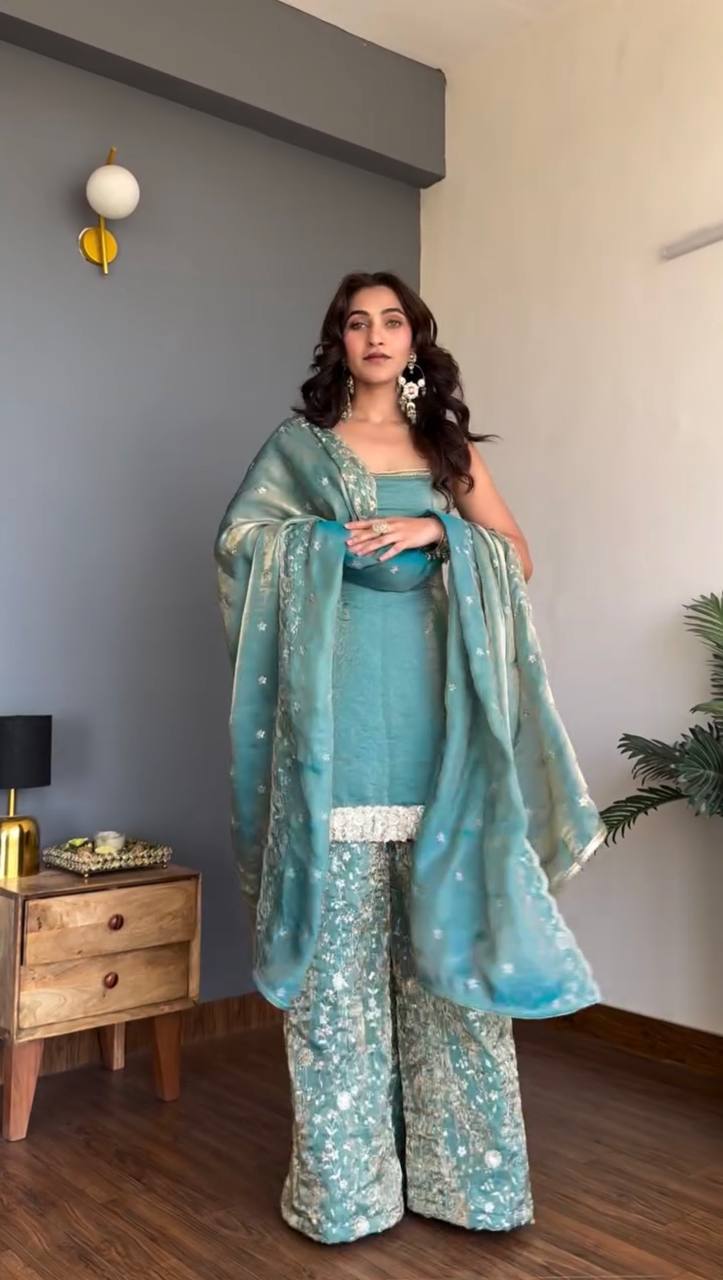 Zivara Partywear Silk Palazzo Set with Sequin Detailing & Embroidered Dupatta