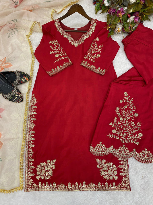 Unique Chinon Embroidery Work Red Color Sharara Suit