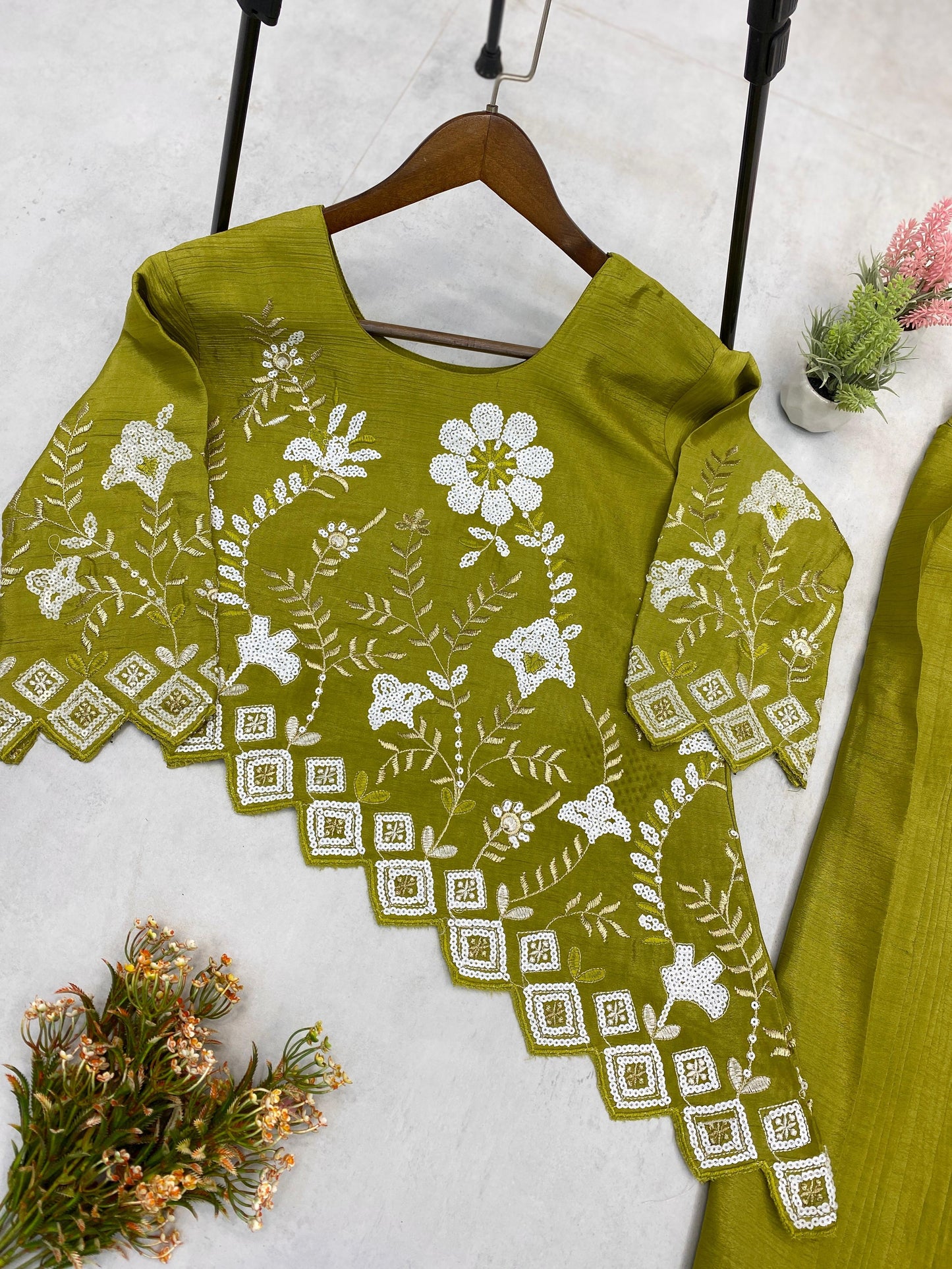 Trendy Sequence Work Mehndi Color Top With Skirt