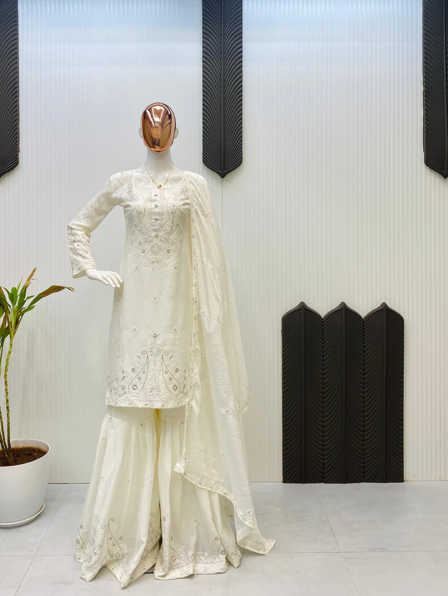 Embroidery Work White Color Lovely Sharara Suit