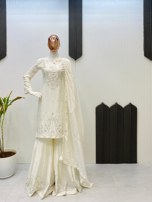 Embroidery Work White Color Lovely Sharara Suit