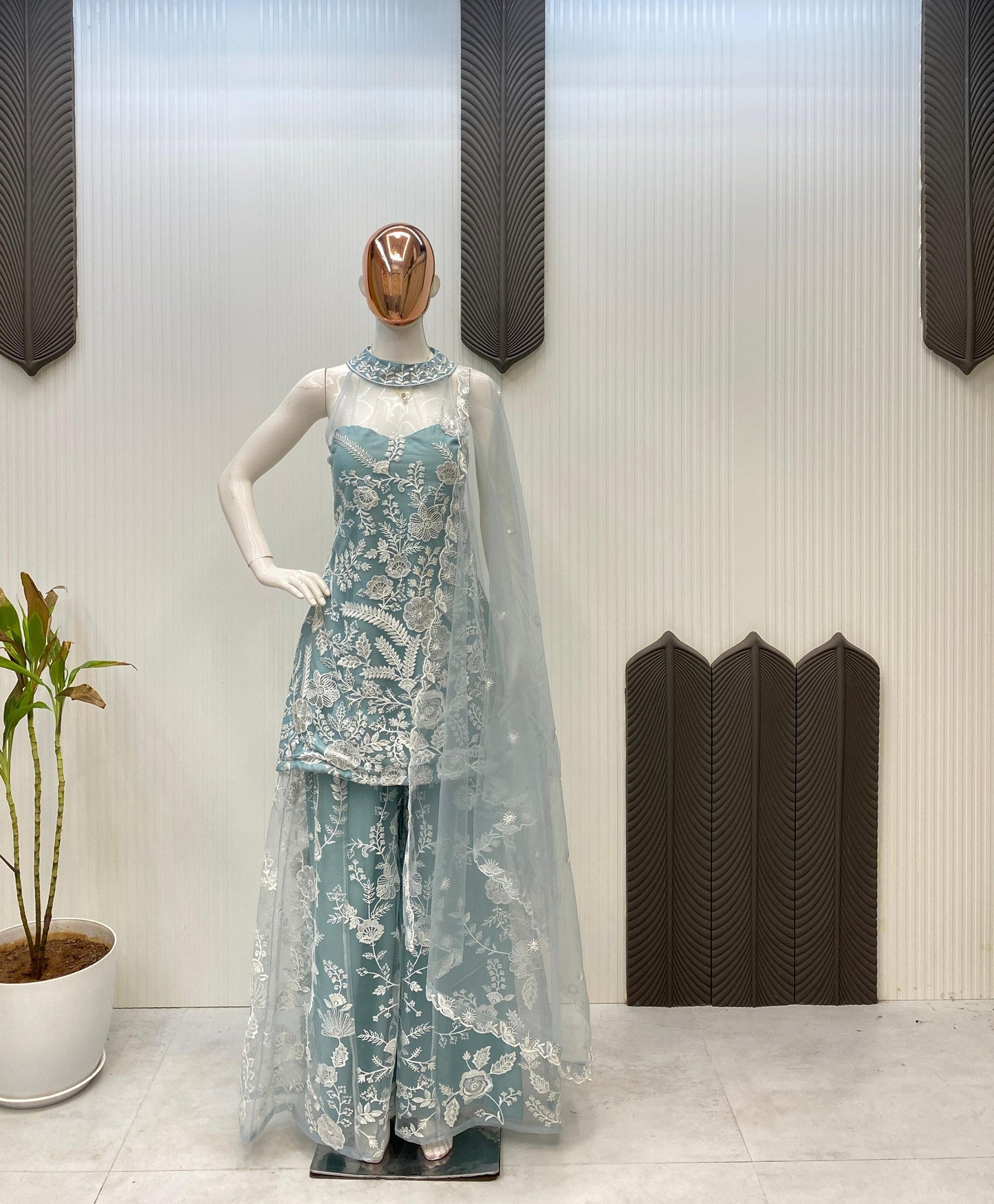 Adorable Embroidery Work Sky Blue Color Palazzo Suit