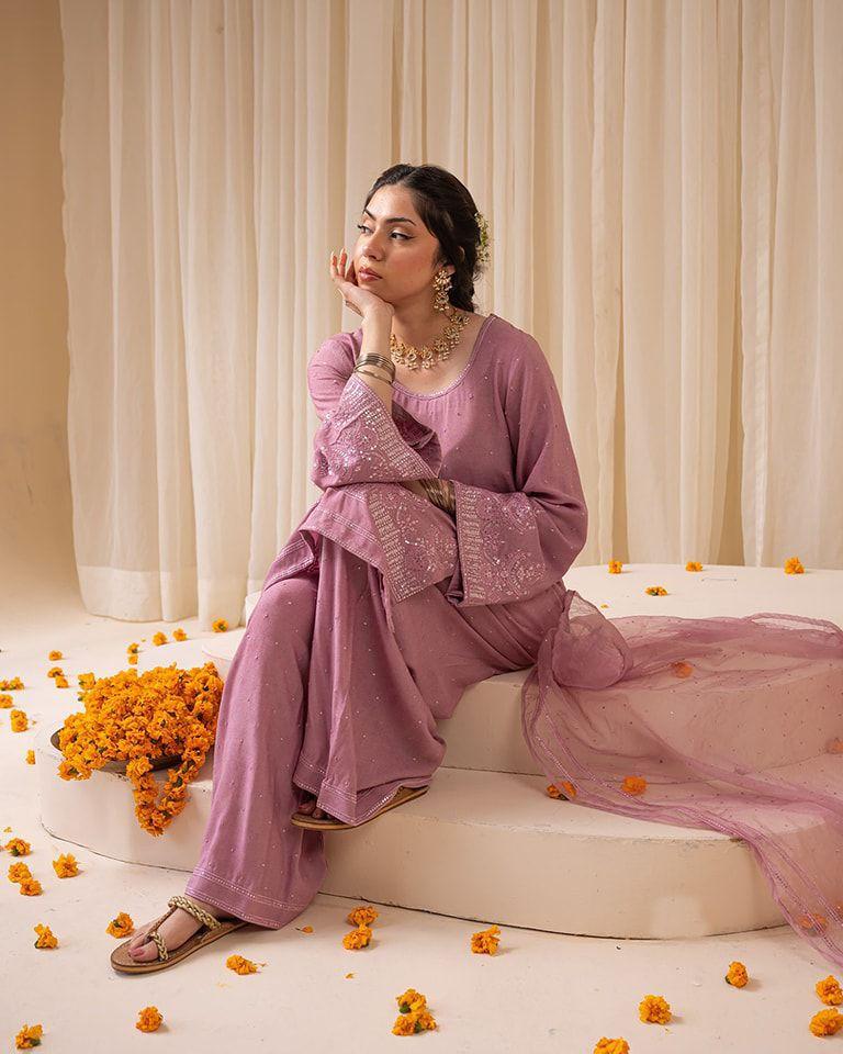 Stylish Pink Georgette Sequence Work Palazzo Suit