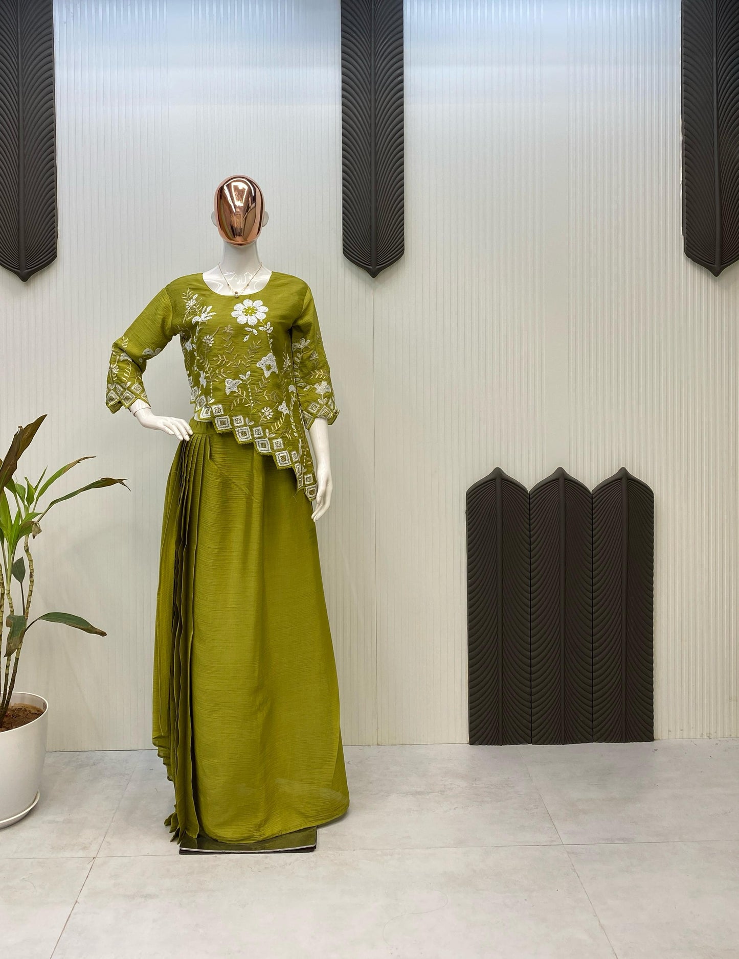 Trendy Sequence Work Mehndi Color Top With Skirt