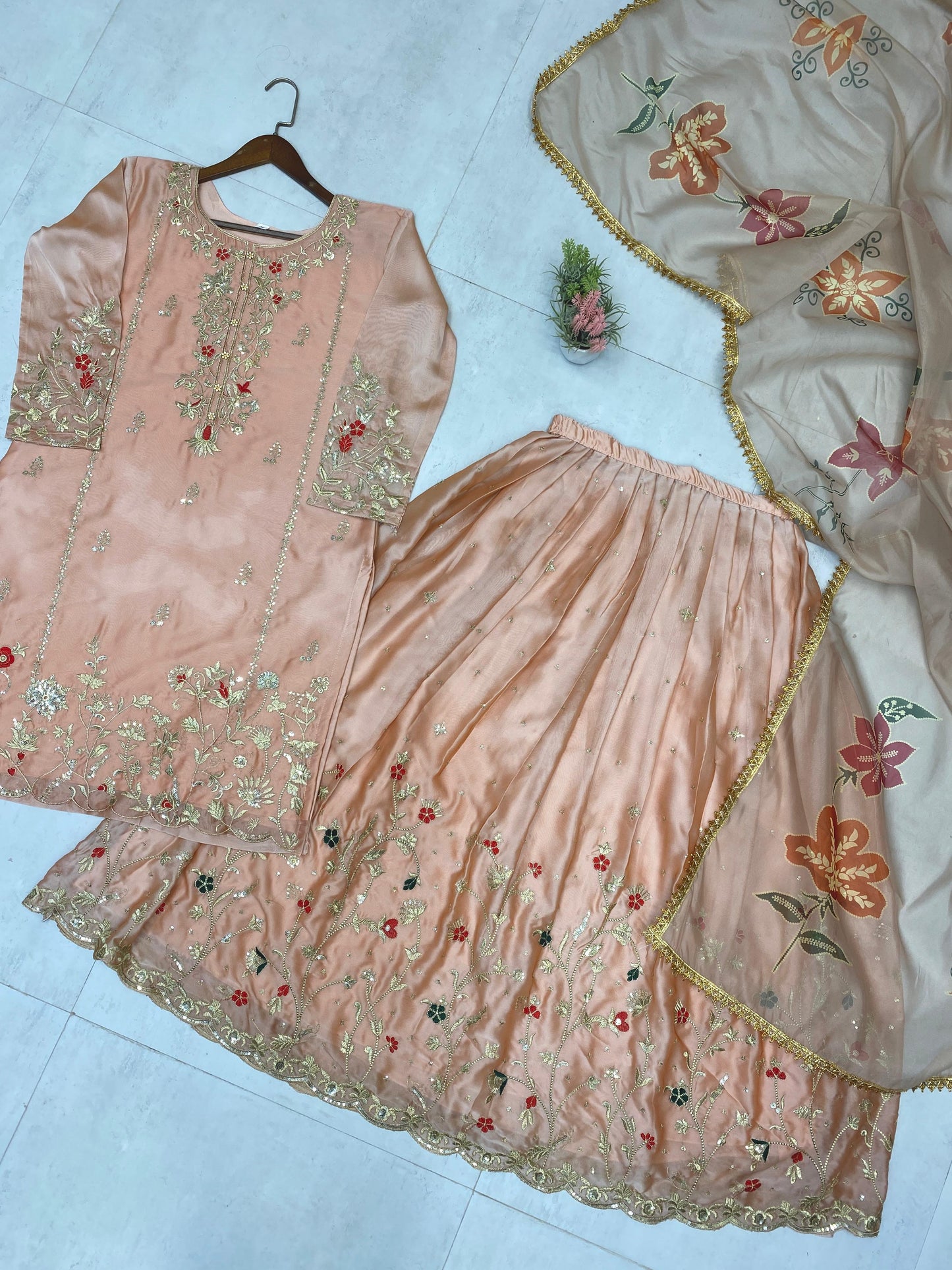 Lovely Peach Chinon Sequence Work Lehenga Choli With Top