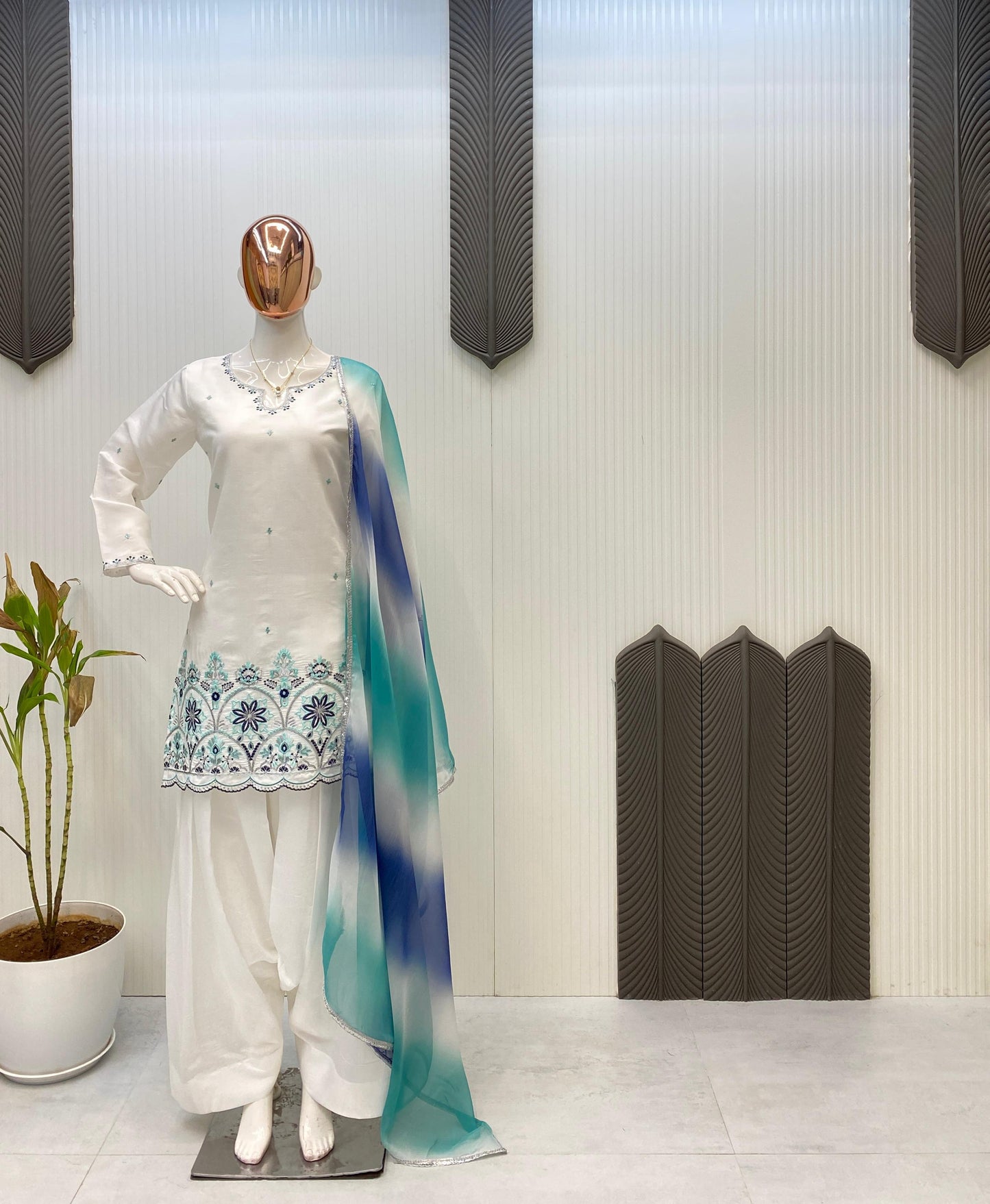 Elegant Roman Silk White Color Salwar Suit