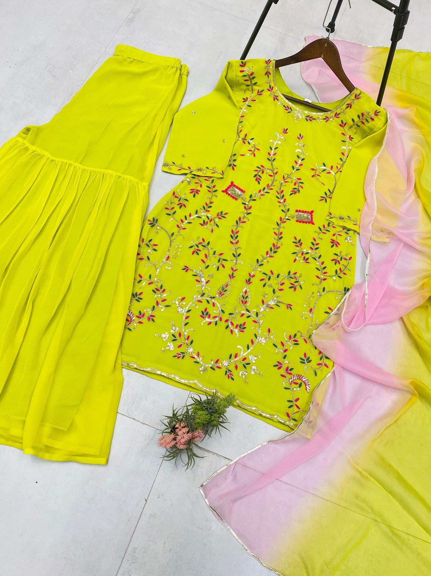 Ravishing Lemon Color Sequence Work Georgette Sharara Suit