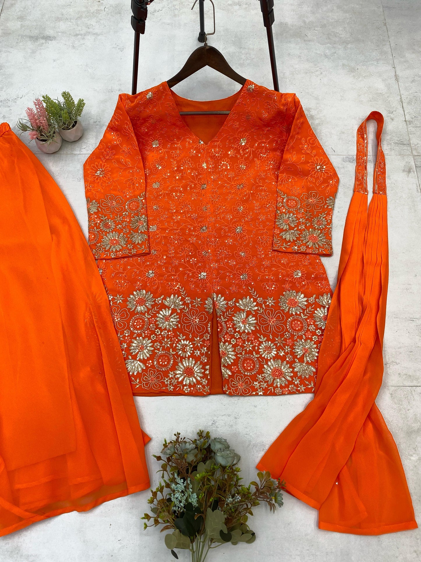 Stunning Georgette Orange Color Sharara Suit