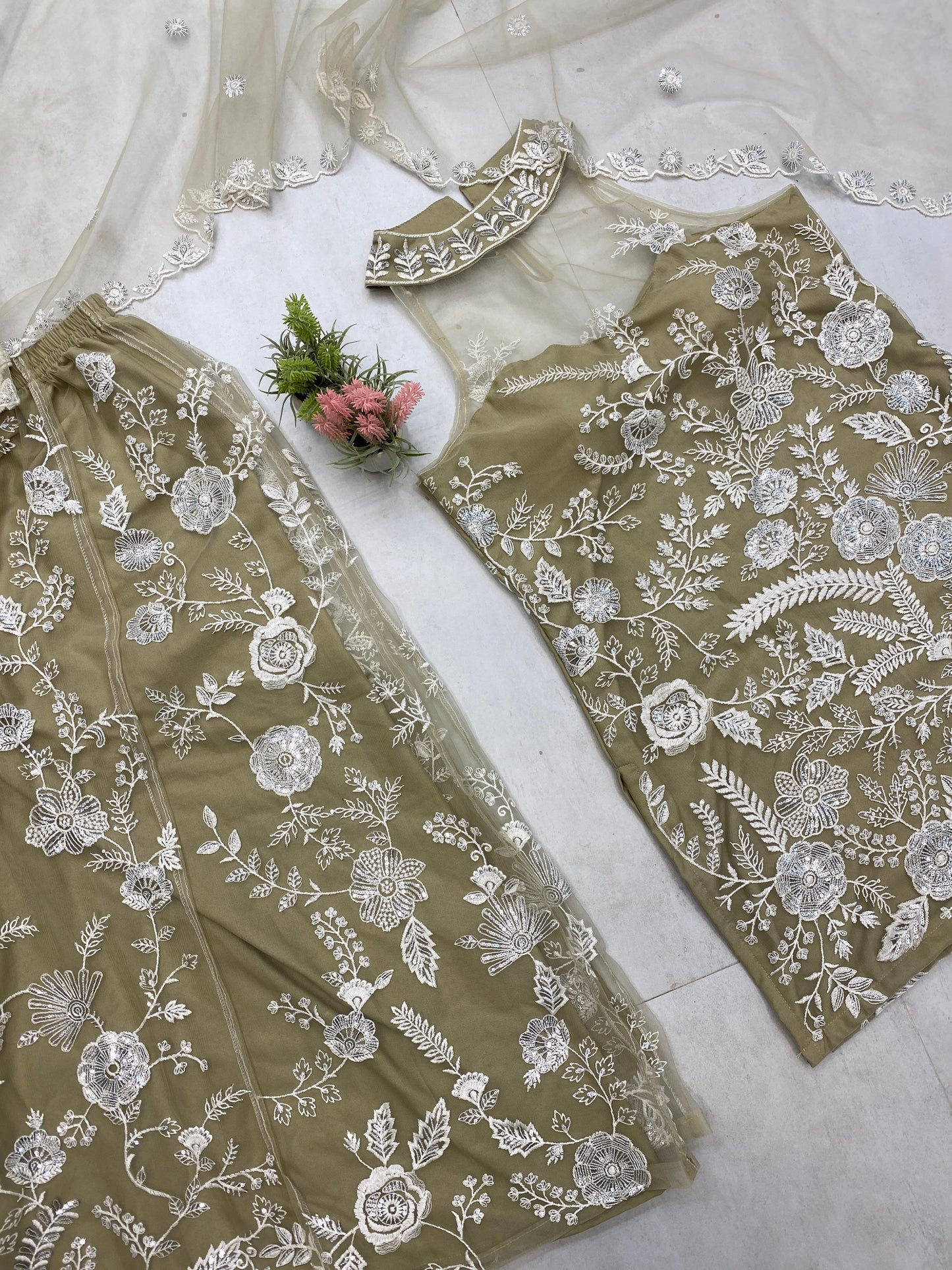 Adorable Embroidery Work Mehndi Color Palazzo Suit