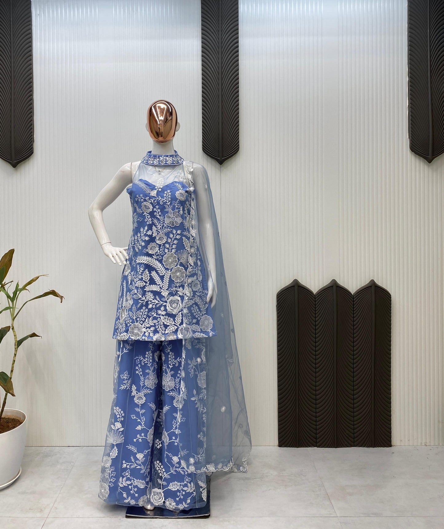 Adorable Embroidery Work Blue Color Palazzo Suit