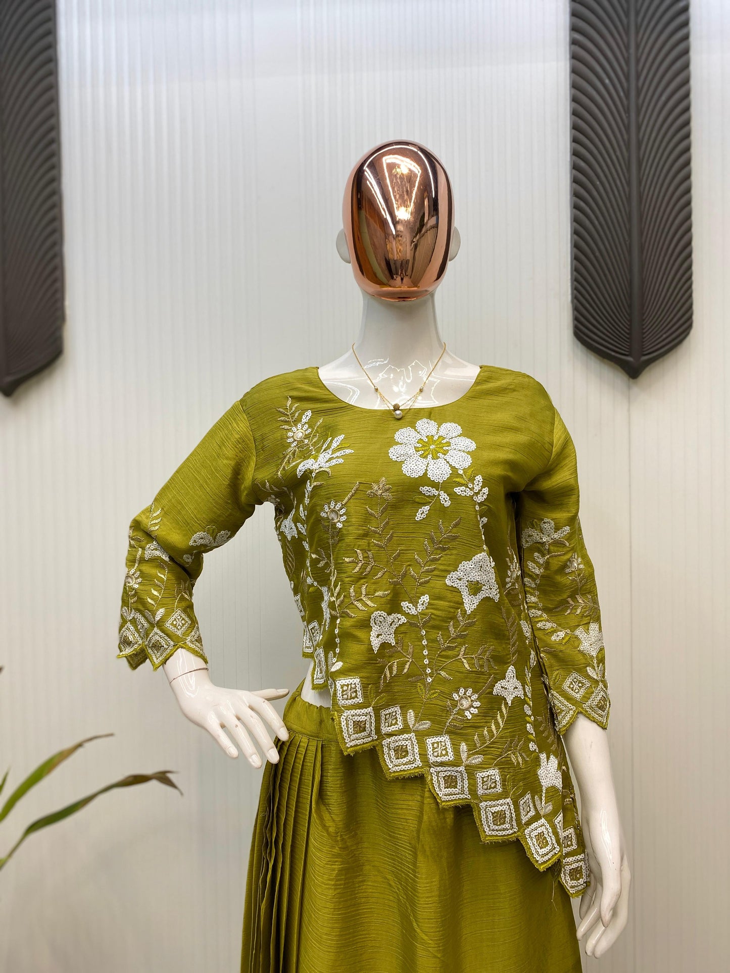 Trendy Sequence Work Mehndi Color Top With Skirt