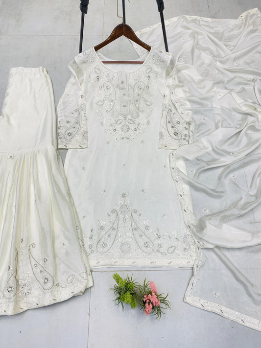 Embroidery Work White Color Lovely Sharara Suit