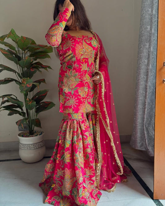 Delightful Embroidery Work Multi Pink Color Sharara Suit