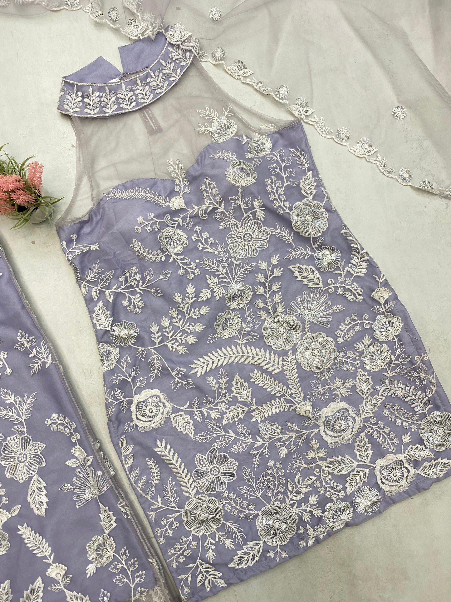 Adorable Embroidery Work Lavender Color Palazzo Suit