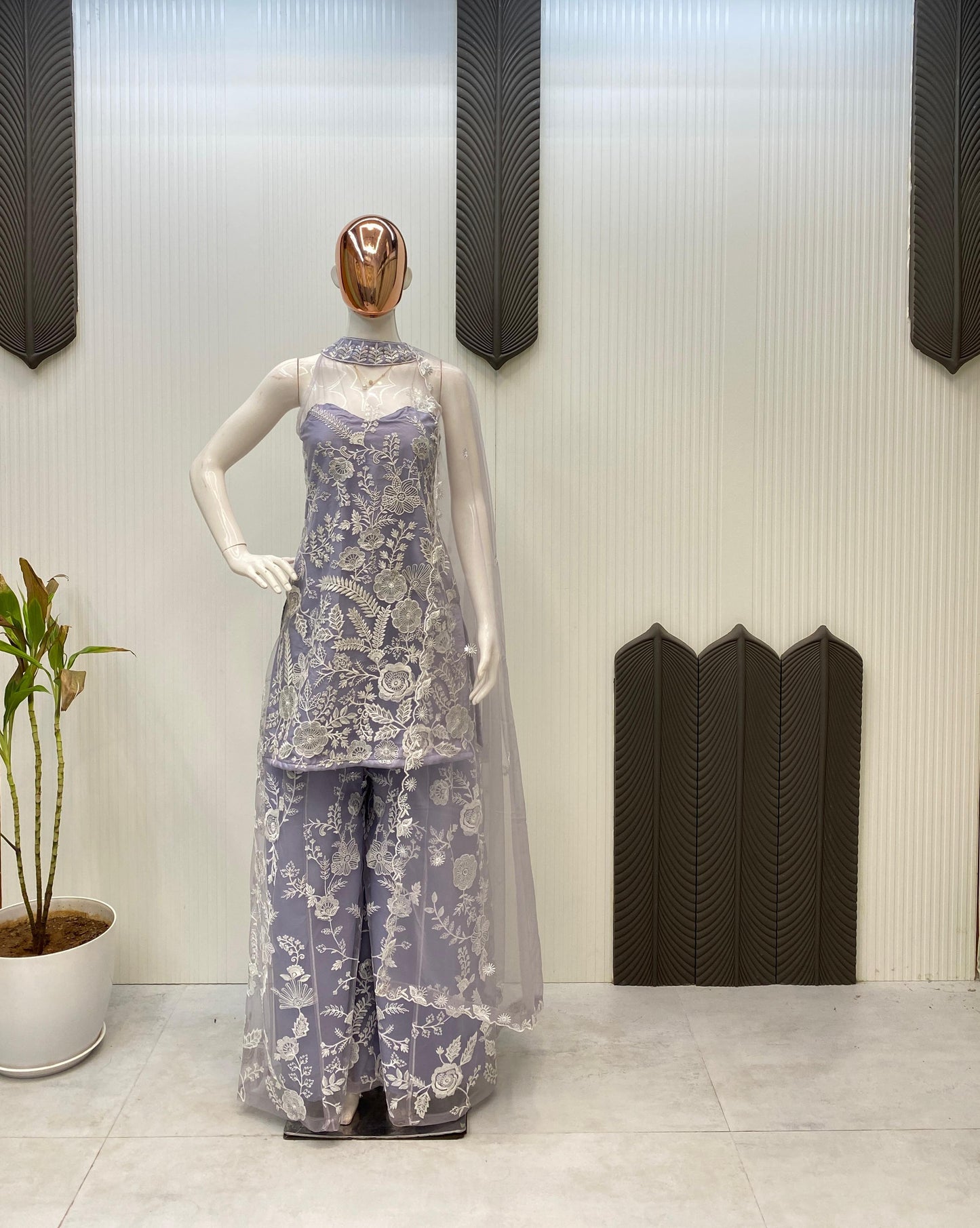 Adorable Embroidery Work Lavender Color Palazzo Suit