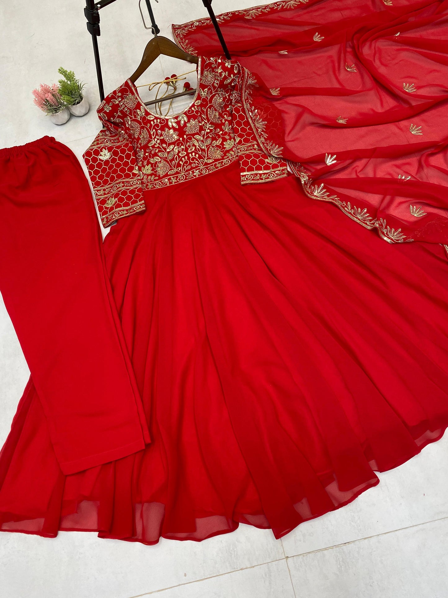 Glorious Red Georgette Sequence Work Gown