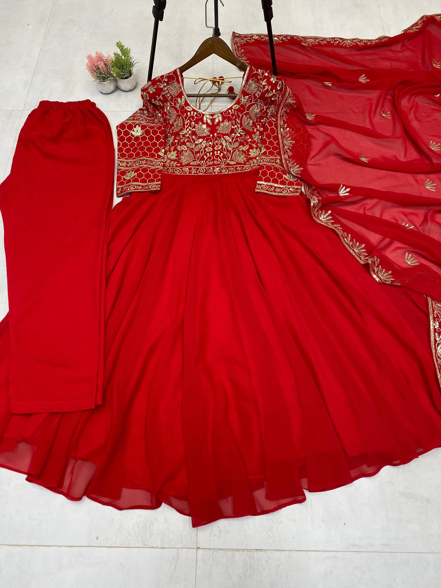 Glorious Red Georgette Sequence Work Gown