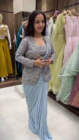 Premium Designer Saree Set Ready to Wear with Embroidered Jacket & Belt – Crepe Silk Party Wear