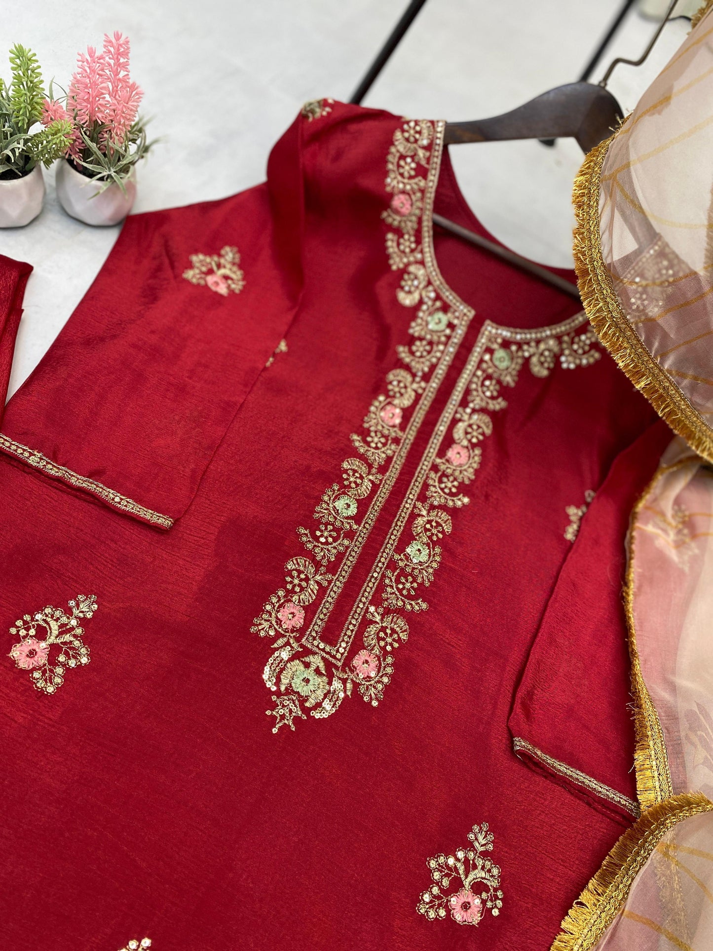 Mesmerizing Sequence Embroidery Work Red Color Palazzo Suit
