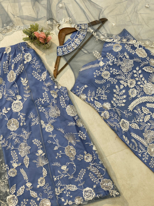 Adorable Embroidery Work Blue Color Palazzo Suit