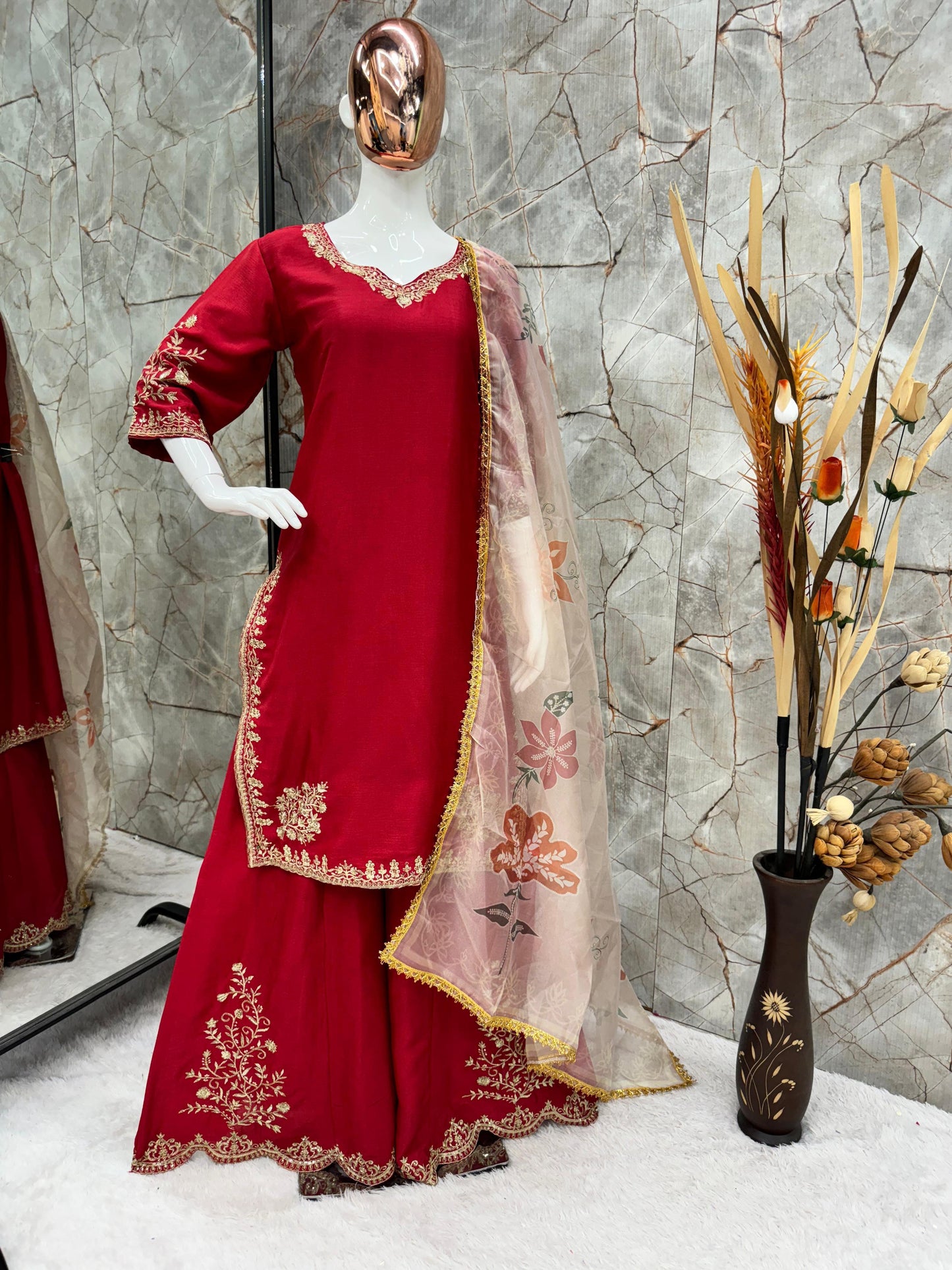 Unique Chinon Embroidery Work Red Color Sharara Suit