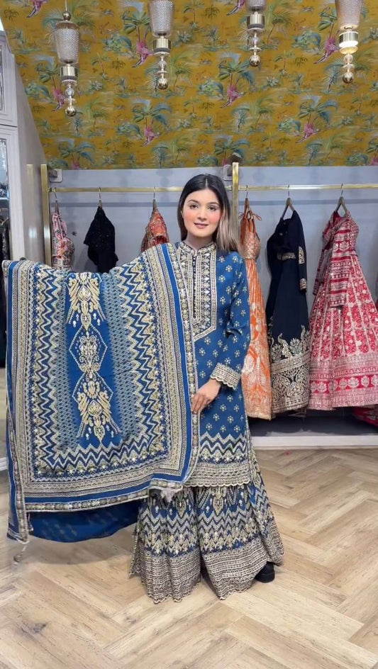 Gorgeous Blue Color Mirror Work Sharara Suit