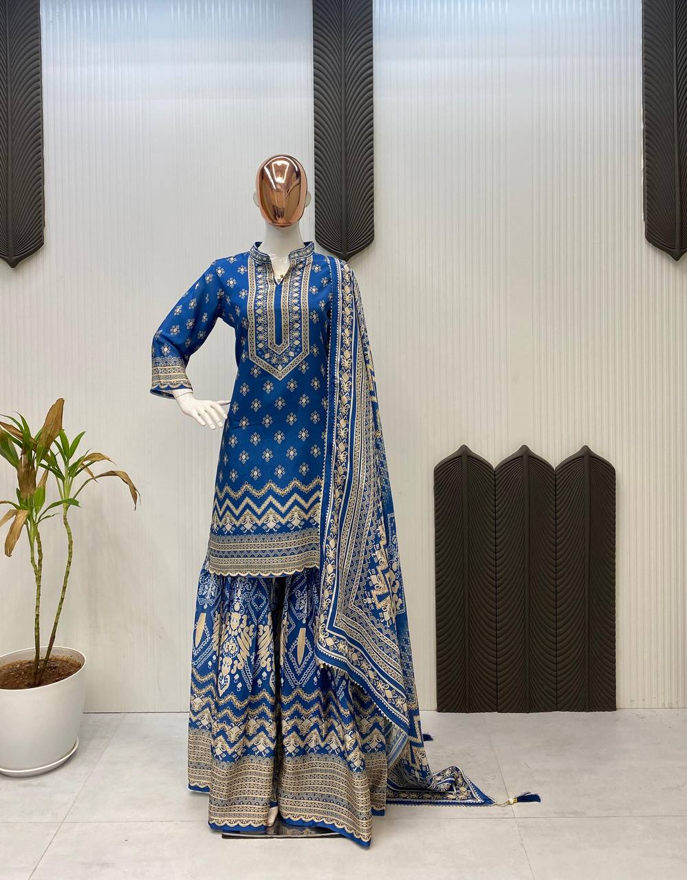 Gorgeous Blue Color Mirror Work Sharara Suit