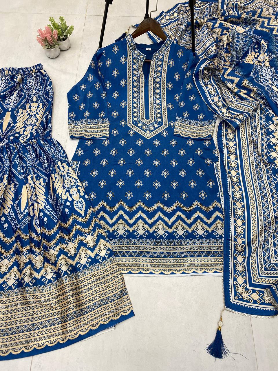 Gorgeous Blue Color Mirror Work Sharara Suit