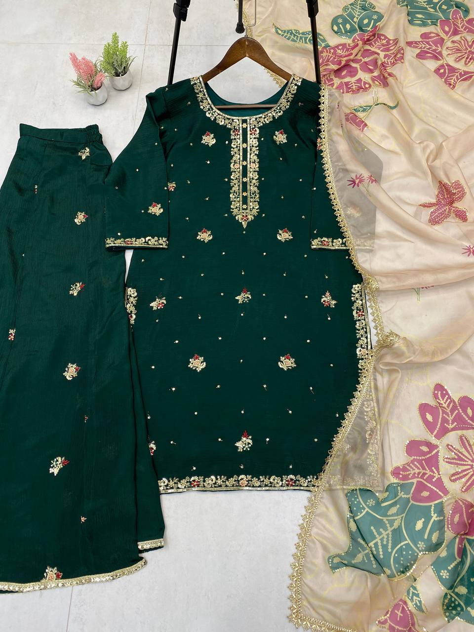 Trendy Green Color Sequence Work Palazzo Suit