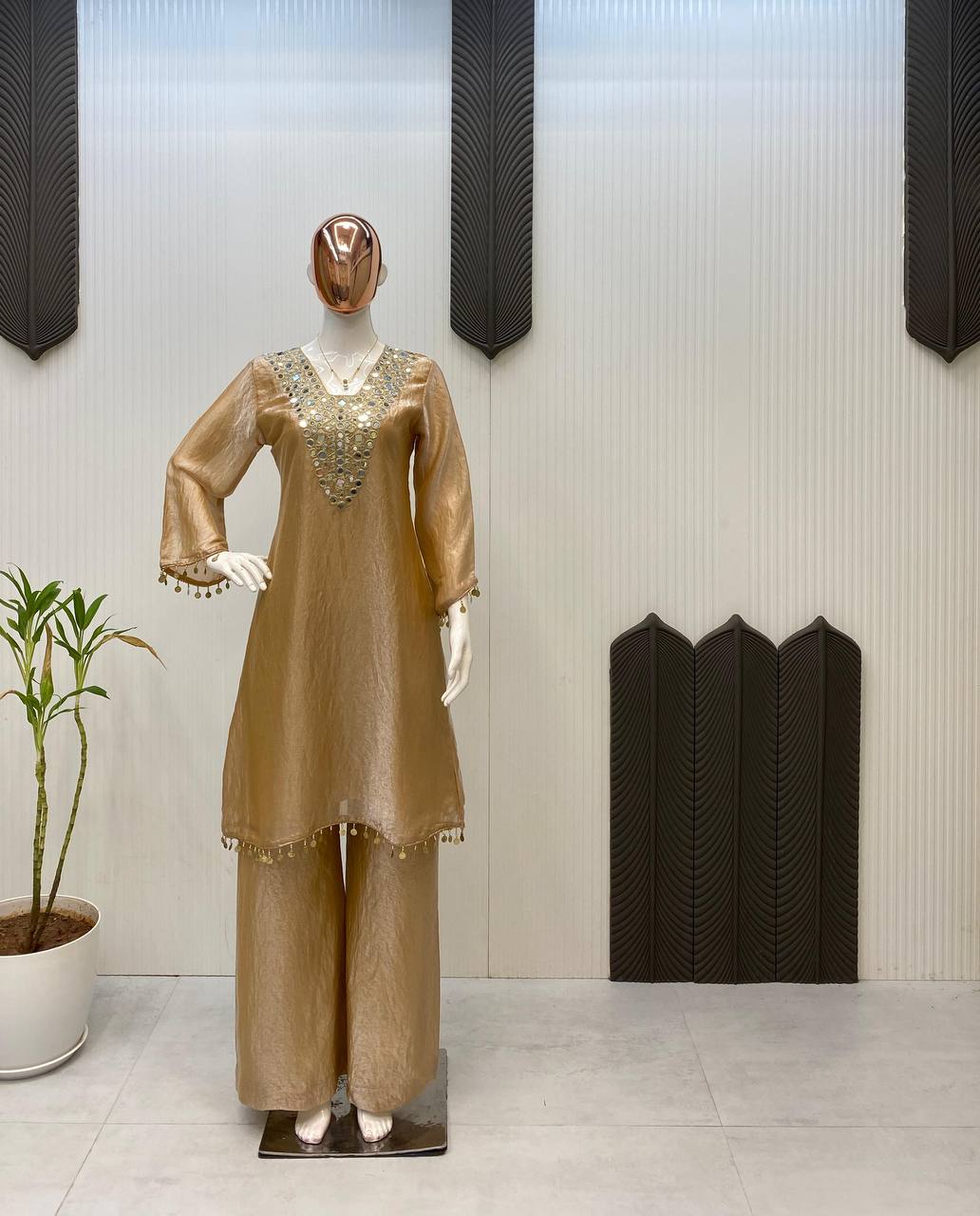 Alluring Brown Color Embroidery Work Palazzo Suit