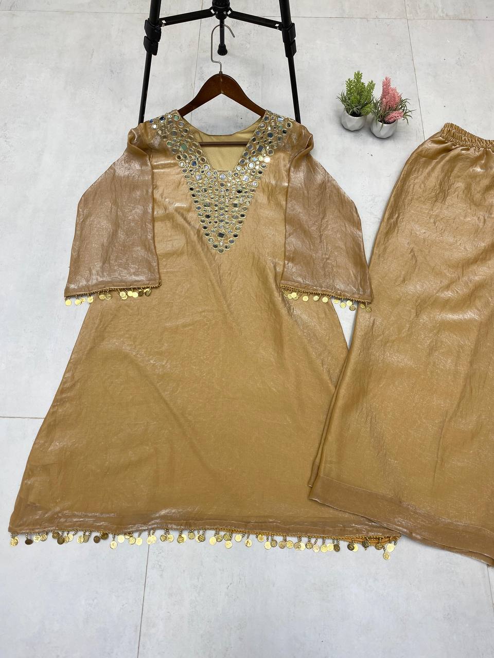 Alluring Brown Color Embroidery Work Palazzo Suit
