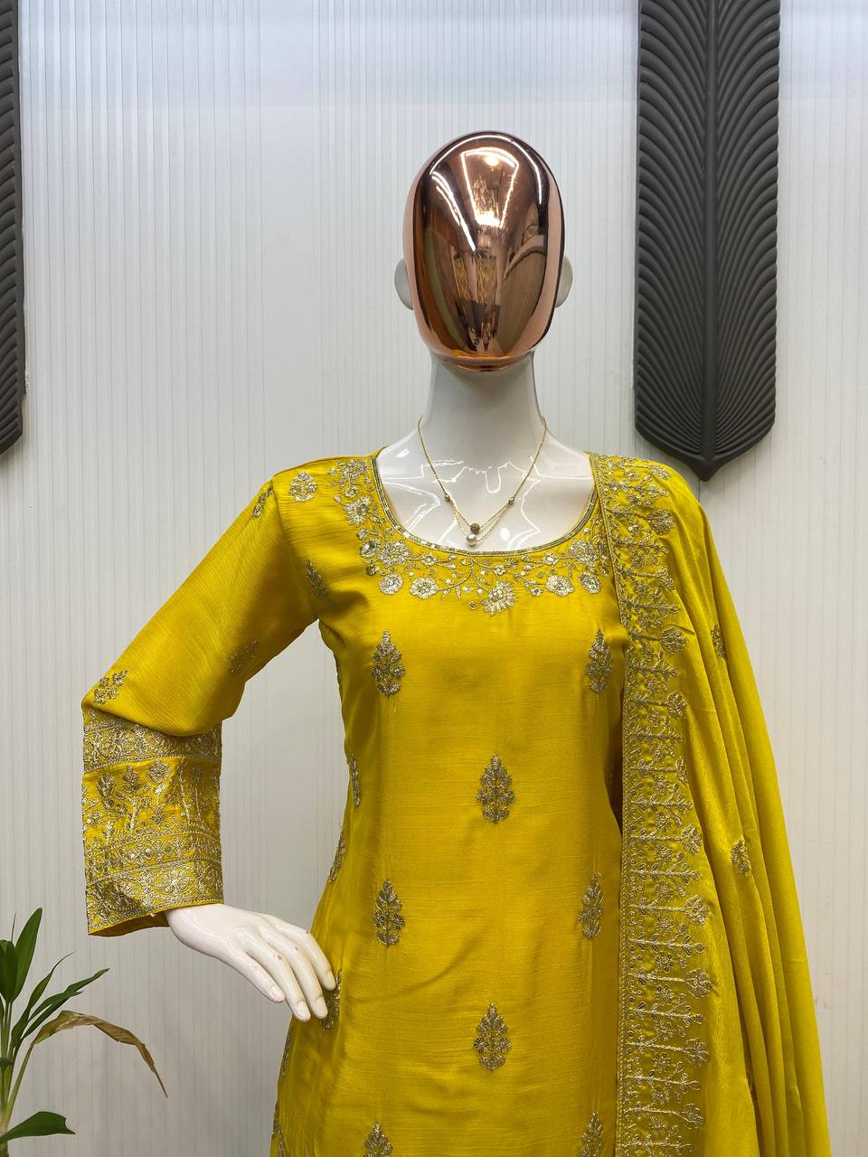 Wonderful Yellow Color Sequence Work Palazzo Suit