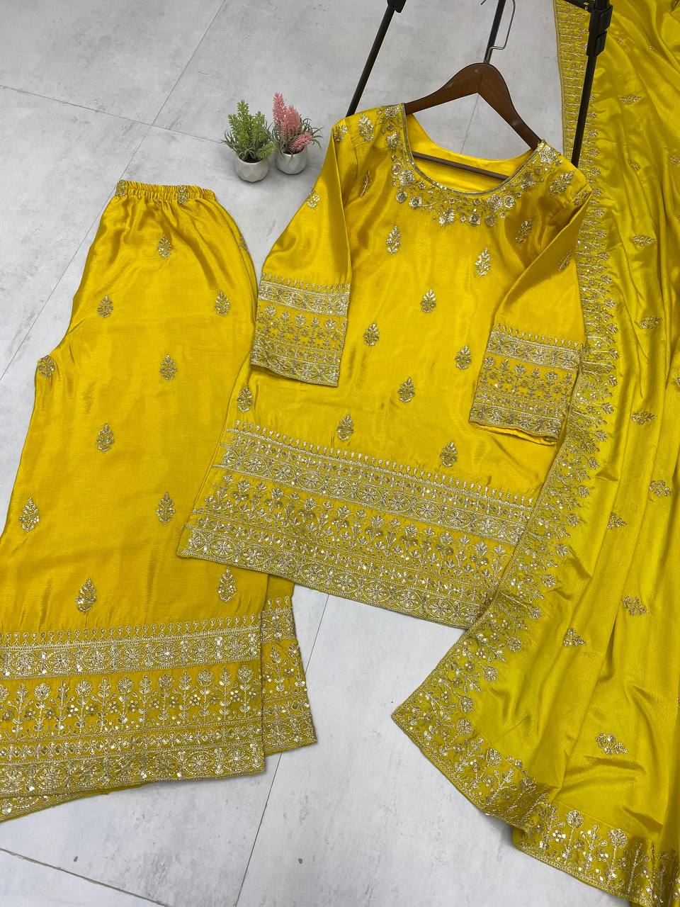 Wonderful Yellow Color Sequence Work Palazzo Suit