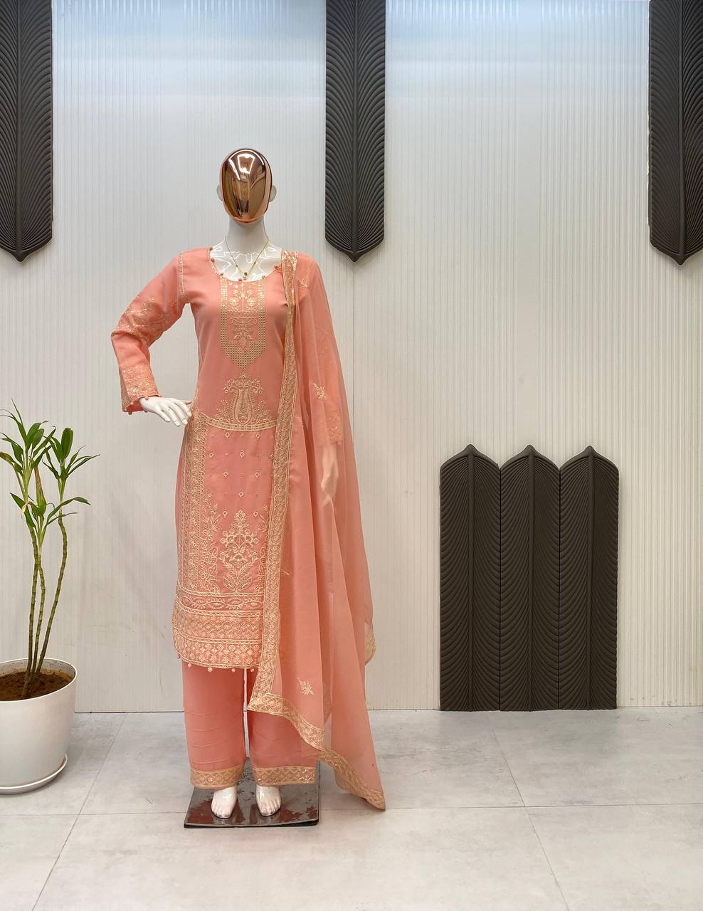 Awesome Peach Color Sequence Work Georgette Palazzo Suit