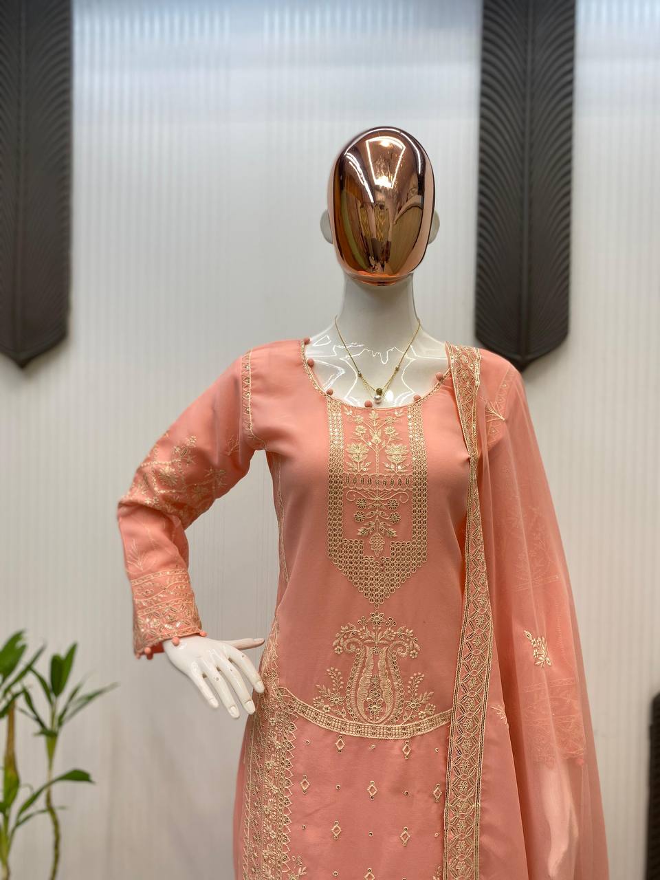 Awesome Peach Color Sequence Work Georgette Palazzo Suit