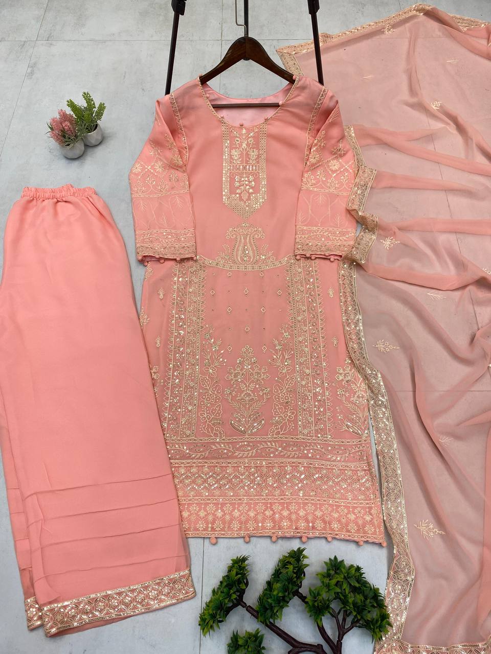 Awesome Peach Color Sequence Work Georgette Palazzo Suit