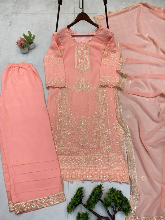 Awesome Peach Color Sequence Work Georgette Palazzo Suit