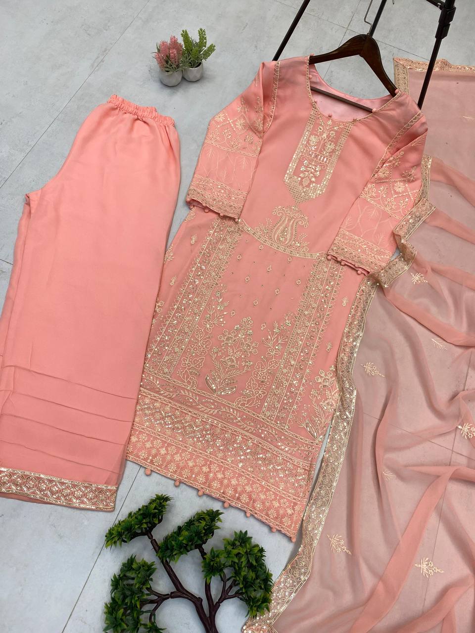 Awesome Peach Color Sequence Work Georgette Palazzo Suit