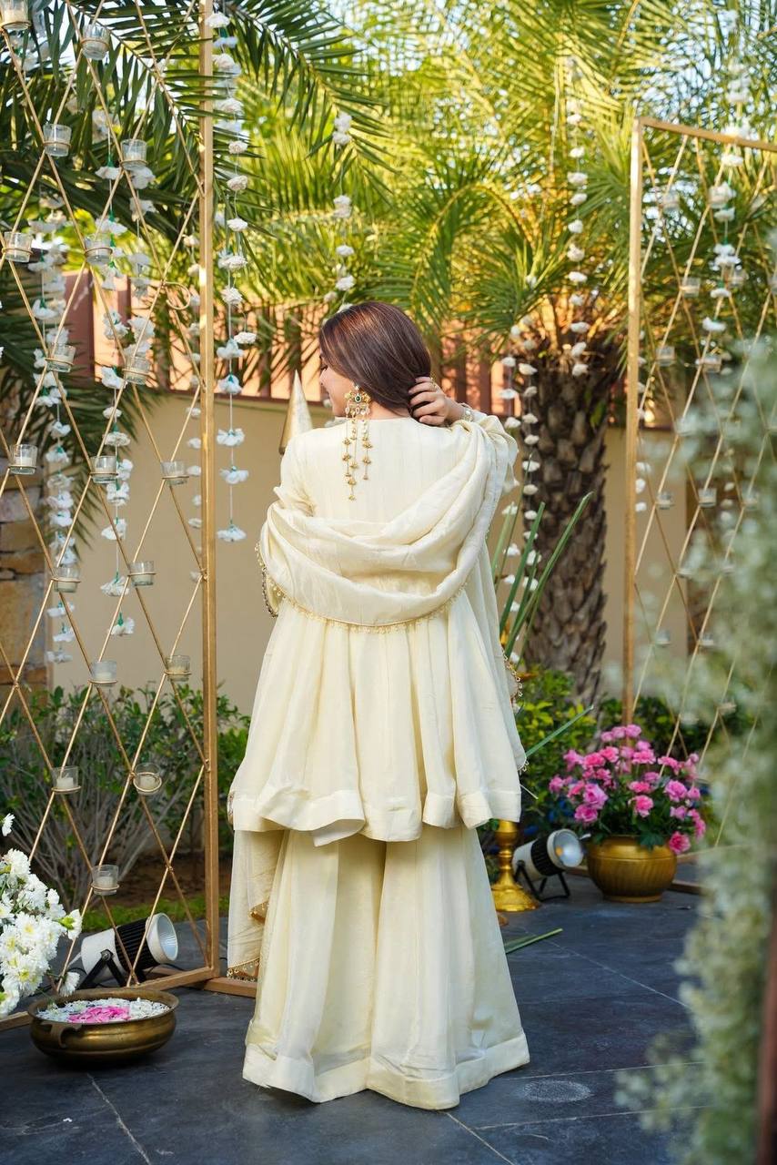 Lovely Cream Cosmos Mirror Work Sharara Suit
