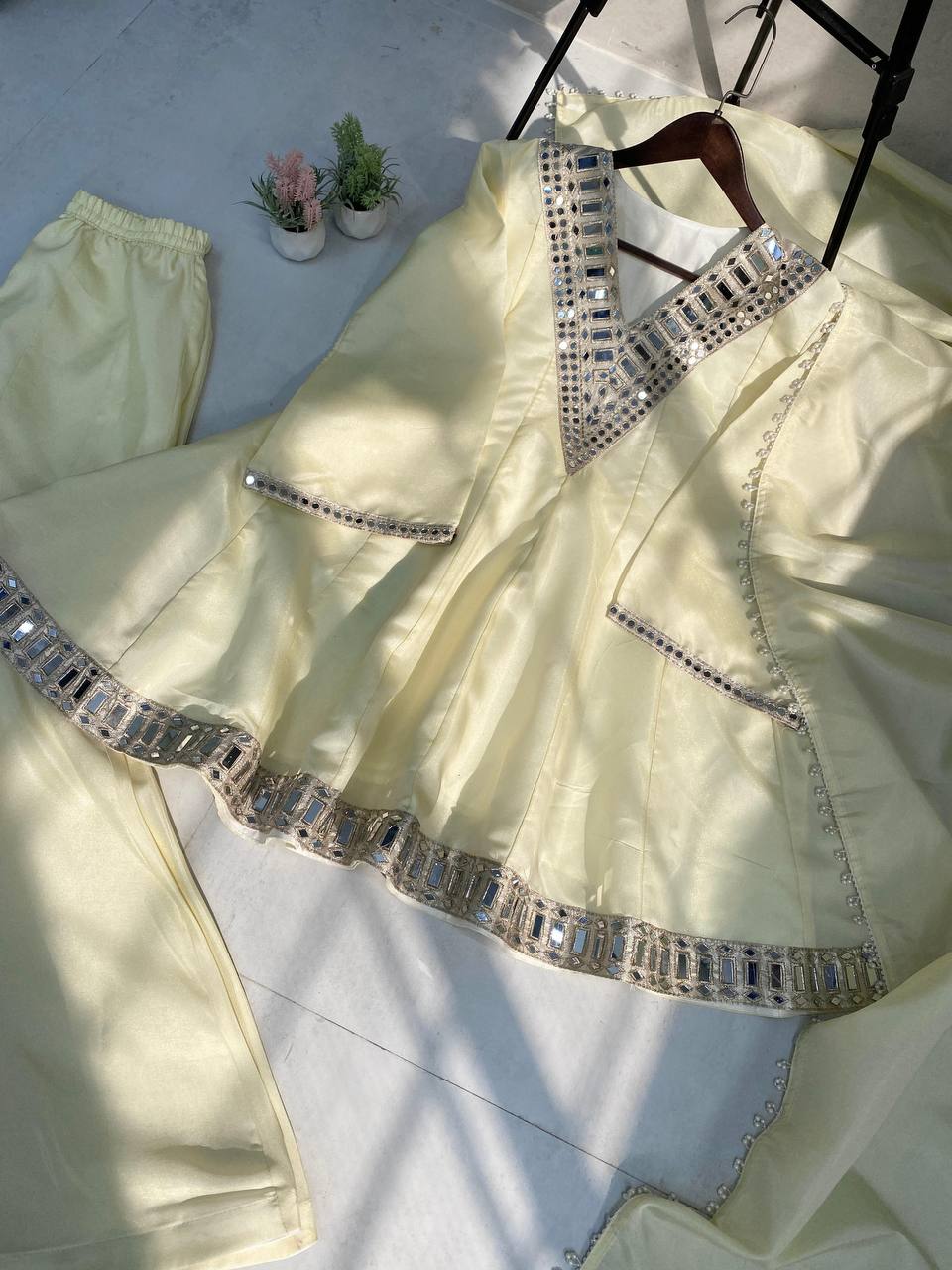 Lovely Cream Cosmos Mirror Work Sharara Suit