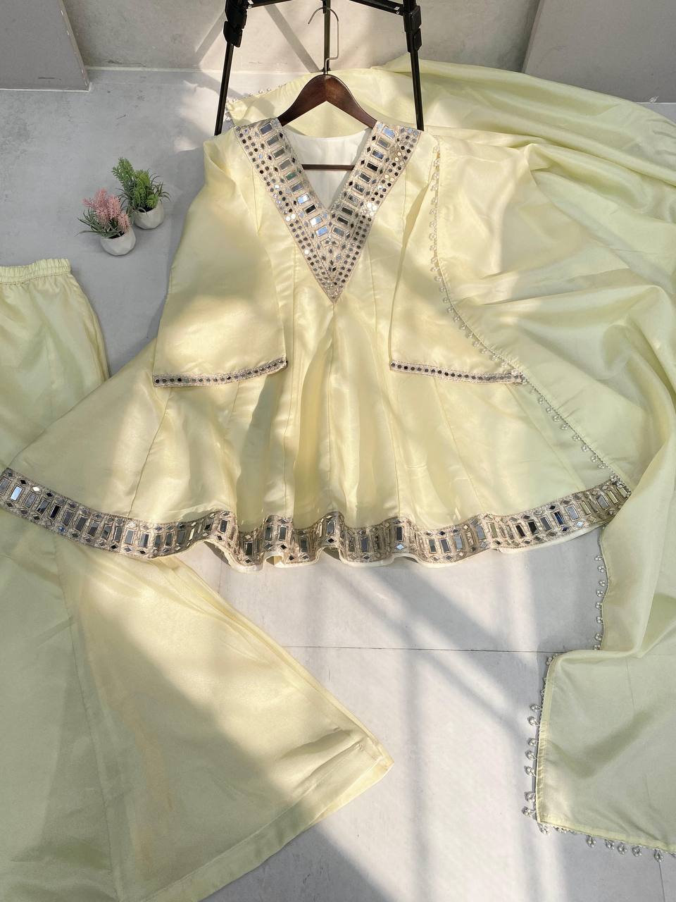 Lovely Cream Cosmos Mirror Work Sharara Suit