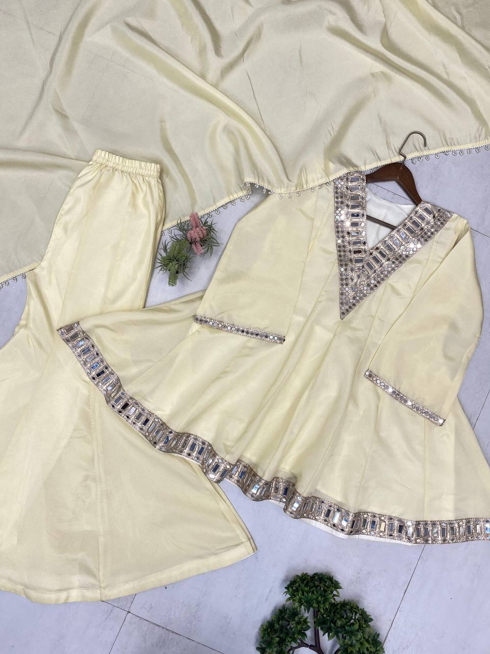 Lovely Cream Cosmos Mirror Work Sharara Suit