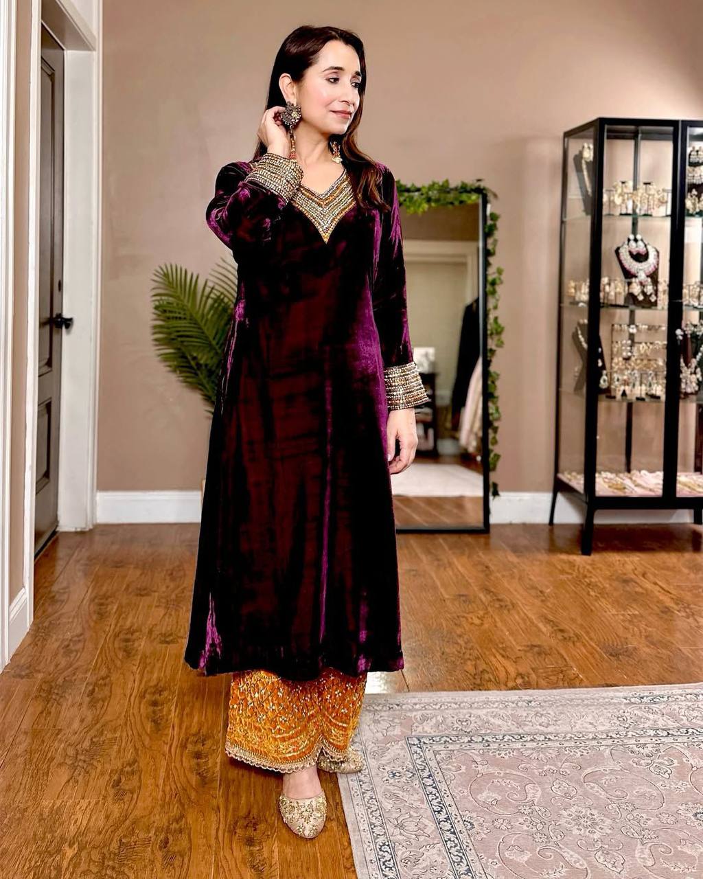 Gorgeous Maroon Velvet Sequence Work Palazzo Suit